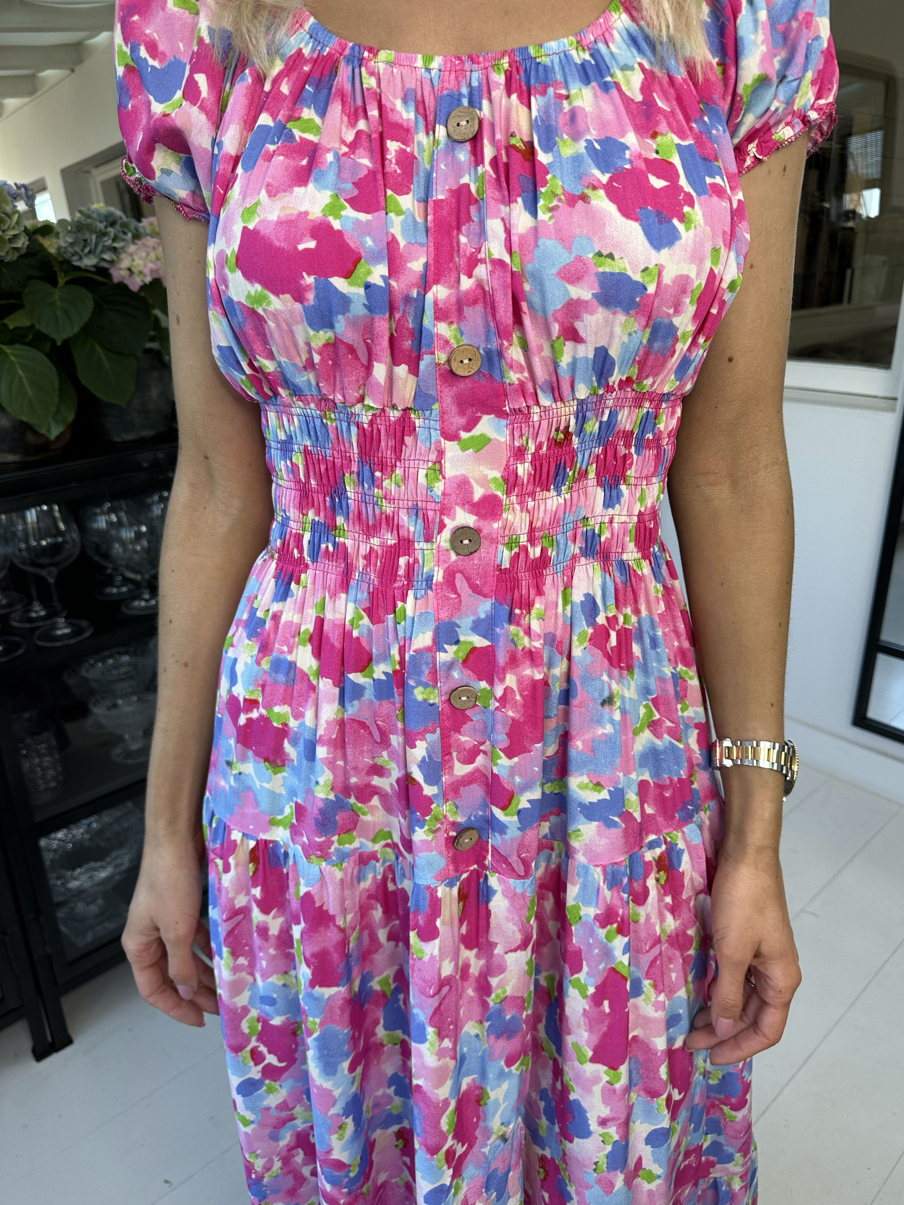 Finalia Art - Lång mångfärgad viskosklänning med resår i midjan